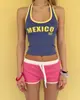 Top corto tipo halter de punto acanalado con estampado, escote en U retro americano, dobladillo, adelgazante