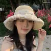 Sombrero de Paja con Flor de Encaje para el Sol de Verano para Mujer con Lazo y Perlas Decorativas en el Ala Sombrero de Sol para Vacaciones en la Playa