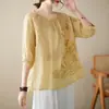 Estilo Chinês Bordado Literário Camisa Bordada Retro Solta Verão Emagrecedor Fino Manga Curta Pulôver Top