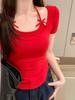 Verano Nuevo Estilo Lazo Falso Dos Piezas Halter Cuello Lazo Manga Corta Camiseta para Mujer, Chica Dulce y Picante, Ajuste Slim, Estilo Corto Curvado