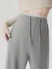 Calça de tricô lisa para maternidade com acabamento em renda, cós com cordão, alta elasticidade, solta e com bom caimento, adequada para sair durante a gravidez, calça pantalona