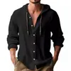 Camisa casual esportiva de manga longa com capuz, cor sólida, respirável, algodão e linho, masculina, europeia e americana, tamanho europeu, comércio exterior