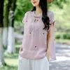 Blusas de Algodón y Lino Estilo Nacional para Mujer, Camisas Retro de Verano Finas con Cuello Mao Abotonadas, Nuevas Camisas de Algodón y Lino Bordadas Holgadas Estilo Chino