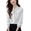Foto Real Camisa com Laço Feminina Manga Longa 2025 Primavera Nova Blusa com Fita Francesa com Base Camisa Branca