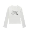 Camiseta branca de gola redonda, ombro normal, manga longa para mulheres, novo estilo primavera e outono, com estampa de gato e cachorro de desenho animado, slim fit, top moderno