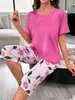 Pijama Fino de Verano 2026 para Mujer: Conjunto de Dos Piezas Morado + Pantalones Capri Florales, Ropa de Casa Holgada y Cómoda