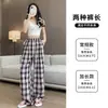 Pantalones a cuadros de strass retro en negro y rosa para mujer, pantalones casuales de pierna ancha de cintura alta para verano con efecto adelgazante, pantalones rectos de pierna ancha estrechos