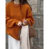 Folha de Bordo Laranja! Suéter Crewneck Laranja de Alta Saturação Feminino Base Doce Suave Camisa de Tricô Peça de Roupa Externa Engrossada