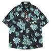 Camisa Preta com Estampa Floral Azul de Manga Curta, Estilo de Rua Americano 2026, Ombro Caído, Caimento Solto, Top Unissex Retrô Tendência