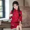 2026 Nuevo Cheongsam Rojo Estilo Chino para Niñas y Niños Pequeños, Vestido Hanfu Estilo Chino Estampado de Manga Tres Cuartos para Primavera y Otoño