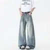 Jeans Azul Lavado Retrô Americano Masculino Solto Reto Perna Larga Calças Longas Tendência Caimento Silhueta Relaxada Calças
