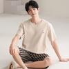 Pijamas de Algodão Masculino Primavera e Verão 2025 Novo Manga Curta Shorts Fino Simples Casual Juventude Roupa de Casa Pijamas