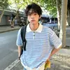 Camisa Polo de Punto Calado a Rayas Azules y Blancas de Manga Corta para Hombre, Camiseta de Verano Estilo Old Money, Atuendo de Ama de Casa Perezoso, Media Manga