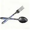 Cuchara de Sopa Impresa de Acero Inoxidable Cubiertos de Cocina Juego de Tenedor y Cuchara Tenedor Estilo Occidental Doble Uso Portátil Fruta Mango Largo