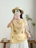 Verão 2026 Estilo Japonês Botão de Sapo Ráfia Estampa Floral Solta Feminina Pulôver Manga Curta Camisa Top