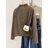 Camiseta Básica de Media Cuello Alto con Botones para Mujer en Otoño e Invierno Nueva Camiseta de Manga Larga Suelta Engrosada de Imitación Cachemir