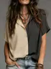 Camisa de Manga Curta Color Block Estilo Europeu e Americano Nova para Verão 2025 para Mulheres, Top Casual Soltinho com Lapela, Tendência de Moda Transfronteiriça