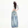 Jeans de pierna ancha para mujer transfronterizos, estilo americano, lavados y desgastados, hasta el suelo, azul vintage, pantalones largos, azul vintage, longitud extendida, Yichun