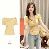 Camiseta Blanca de Manga Corta con Cuello en V para Mujer, Nuevo Diseño de Verano 2026, Estilo Único, que Disimula el Vientre, Corte Ajustado, Top que Ceñe la Cintura