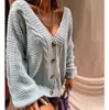 Cardigã de tricô com gola V e manga bufante para comércio exterior transfronteiriço para mulheres, novo estilo outono 2026 europeu e americano, casaco suéter solto sexy