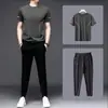 Conjunto Casual Esportivo de Seda Gelo Masculino Verão Masculino Outdoor Gola Redonda Manga Curta Fino Elástico Respirável Duas Peças