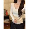 Foto Real 1*1 Fio Veludo 230g Camiseta Manga Longa Feminina Primavera & Outono Fina Slim Camisa Básica Gola V Estilo Coreano Top