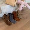 Versión de Piel de Vaca~Botines Cortos Plegables de Dos Vías con Punta Redonda Grande Retro de Gamuza para Mujer, Modelo Nuevo 2025 con Aumento Oculto de Altura, Botines Martin Vaqueros