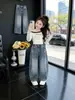 Jeans Curvos con Strass Hot-fix para Niñas Estilo Primavera/Otoño 2026 Nuevos Elegantes Jeans de Mezclilla Estilo Coreano para Niños Niñas Niños Mayores Pantalones de Pierna Ancha