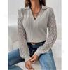 Amazon 2023 casual cor sólida renda oca manga comprida listra vertical impressa camisa pulôver com decote em V novo top para mulheres