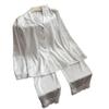 Pijama de Seda Helada Nuevo Otoño 2026 para Mujer, Sencillo Color Sólido Manga Larga Pantalón Largo, Transpirable con Encaje Hueco Set de Ropa para el Hogar