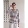 Suéter de punto a rayas con cuello en V y manga larga estilo coreano para mujer, nuevo diseño de otoño e invierno, corte holgado, adecuado para usar en capas o como prenda exterior.