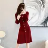 Vestido de té vintage estilo francés para otoño e invierno, vestido de punto de manga larga con mangas de farol, adecuado para llevar con un suéter, vestidito rojo para citas