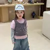 Moda YoYo Conjunto de Tres Piezas a la Moda con Top de Manga Larga para Niñas Pequeñas con Chaleco Bordado y Mangas de Color Contrastante, Ropa Casual para Niños