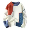 Suéter de Punto con Cuello Redondo y Bloques de Color para Hombre Otoño Invierno Holgado Talla Grande Marca de Moda Suéter Cálido de Punto Suéter Casual Perezoso Capa Base