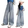 Calça Jeans Reta com Strass para Meninas, Estilos Primavera, Outono e Inverno, Nova Tendência 2026 Calça Wide Leg para Crianças Maiores e Estudantes
