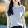 Camiseta de Punto de Manga Corta 100% Algodón Puro para Mujer, Nuevo Diseño de Verano, Cuello Redondo, Holgada, Color Sólido, Camiseta Básica Simple