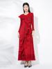 Vestido Largo de Moda de Alta Gama con Pliegues y Borde de Oreja de Madera para Mujer 2025 Primavera Nuevo Cuello Redondo Pullover Manga de Trompeta Vestido Largo con Borde Denso