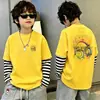 Camiseta de Manga Larga con Parches Rayados para Niños, Falsa Dos Piezas, Capa Base de Algodón Puro, Primavera Otoño 2026 Nuevas Llegadas, Ropa para Niños Medianos y Grandes