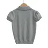 Ropa de Mujer al por Mayor Transfronteriza Estilo Academia Francesa Color Sólido Delgada Solapa Camisa de Punto Camiseta de Manga Corta Nuevo Top de Verano