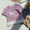 Nueva Camiseta de Manga Corta de Verano para Niña con Estampado de Gato Lindo y Ribete de Encaje, Elegante Top Estilo Coreano para Niños, Ropa de Verano