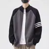 Suéter cárdigan retro americano de doble cremallera y tres rayas, estilo casual y relajado, tejido de punto con cuello en V, chaqueta de color liso unisex