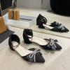 Sandalias de Dedo para Mujer Verano 2025 Nuevo Puntiagudas Tacón Grueso Lazo de Pedrería Estilo Hada Zapatos Franceses de Tacón Alto