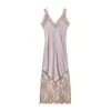 Comércio Exterior Transfronteiriço Roupas Femininas Primavera 2026 Estilo Francês Europeu e Americano Vestido de Cetim Elegante e Sexy Embelezado com Renda de Cílios para Mulheres