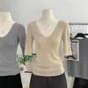 Top de punto liso, fino, con cuello en V, corte ajustado, manga media para mujer, camiseta de manga corta para primavera y verano, top base de manga media, hilo de mecha corta