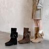 Botas Western Cowboy de Camurça Dobráveis de Uso Duplo 2025 Inverno Salto Baixo Grosso Bico Quadrado Fivela de Cinto Cor de Damasco Botas de Cano Médio para Mulheres