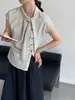Camisa de Manga Corta Rayada Diaria Jiangzuo para Mujer, Verano Algodón Diseño Asimétrico con Cinta y Mangas Raglán Top 1902