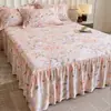 Estilo Princesa Colcha de Algodón Puro Estilo Falda de Cama Pieza Única Engrosada Todo Algodón Sábana de Cama con Encaje Cepillado Cubierta Protectora Antideslizante para Colchón