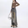 Cor de Barro Amarelo Jeans Reto Vintage Antigo Feminino Primavera e Outono Tamanho Grande Cintura Alta Solto Emagrecimento Estilo Americano Calças de Perna Larga