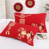 Funda de almohada de gasa roja de algodón de tres capas regalo de agradecimiento de boda funda de almohada de doble felicidad gruesa toalla de almohada de dote toalla de almohada de celebración de boda grande carácter de doble felicidad