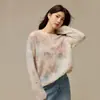 Soft and sticky gradient mohair sweater for women, floral, beaded, round neck, wool knit top, early autumn new style, long-sleeved top for women